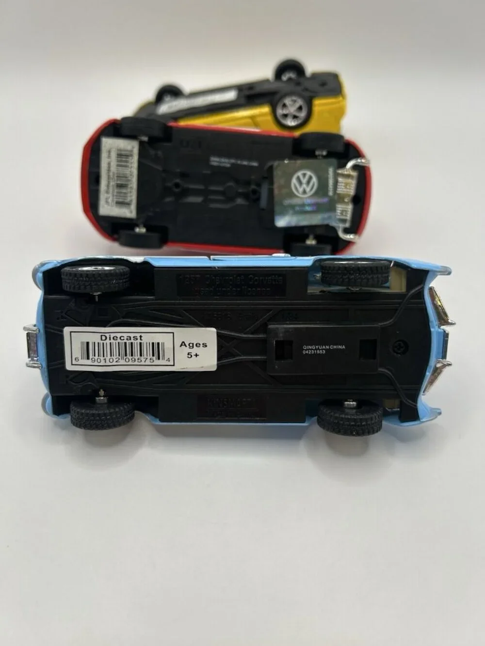 Lot of 3 Diecast Cars Corvette VW Beetle Mustang Kinsmart Scale Blue Red Yellow